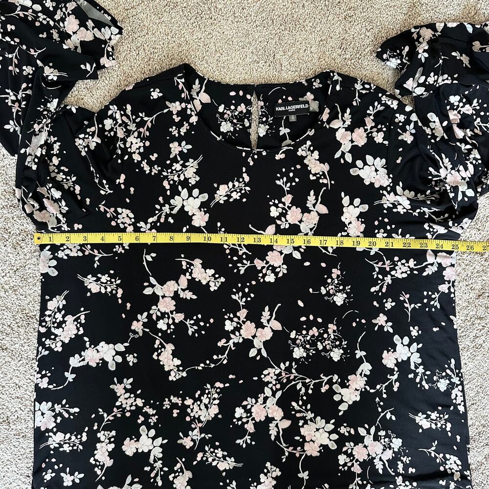 Karl Lagerfeld Yessie Floral Blouse Top Trumpet Flutter Sleeve Black 1X Fairy - Picture 12 of 13